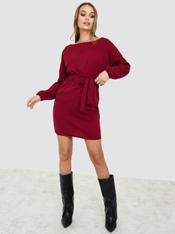 Styli - Long Sleeves Boat Neck T-shirt Mini Dress with Self Tie Up